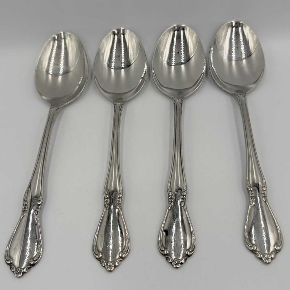 Oneidacraft Chateau Set of 4 Oval Soup Spoons 6.75 Stainless Flatware Floral